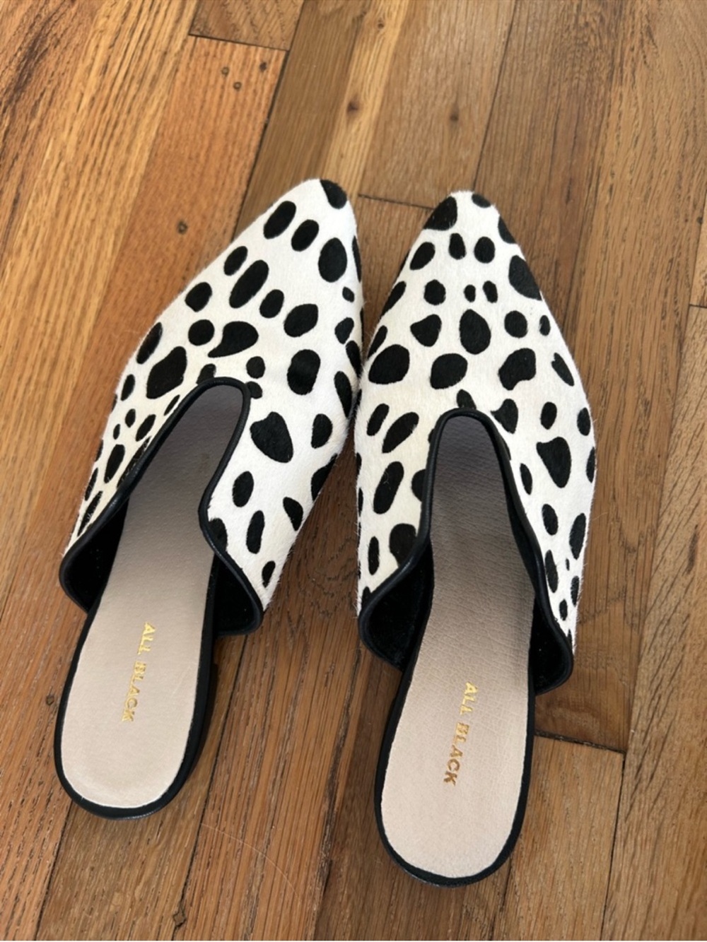 All Black Dalmatian Print Pony Hair Mules White and Black Size 7.5